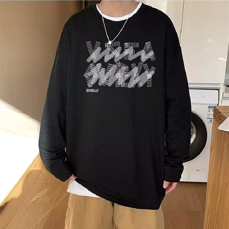 Áo Thun Tay Dài Dáng Rộng In Chữ Phong Cách Hong Kong Thời Trang Cho Nam / size M-5XL