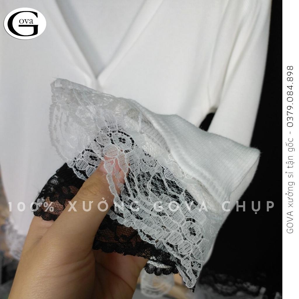 Áo Croptop tay dài phối ren Hot Trend Áo kiểu nữ ôm chất thun Cao Cấp gân mềm mát