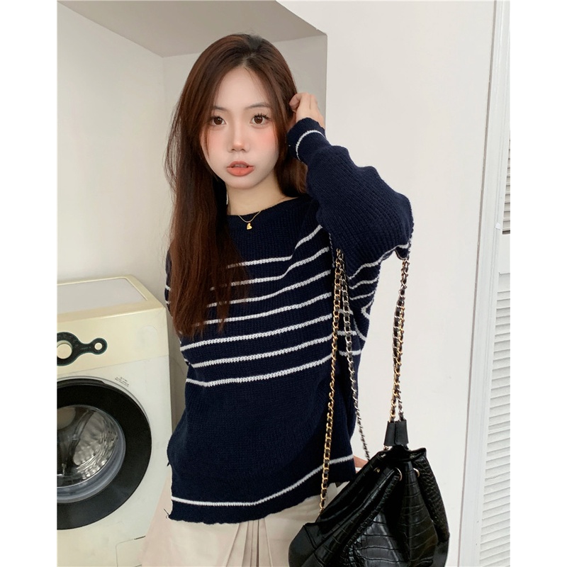Porozi  Áo Sweater Dệt Kim Tay Dài Cổ Tròn Kẻ Sọc Kiểu Hàn Quốc Xinh Xắn Cho Nữ
