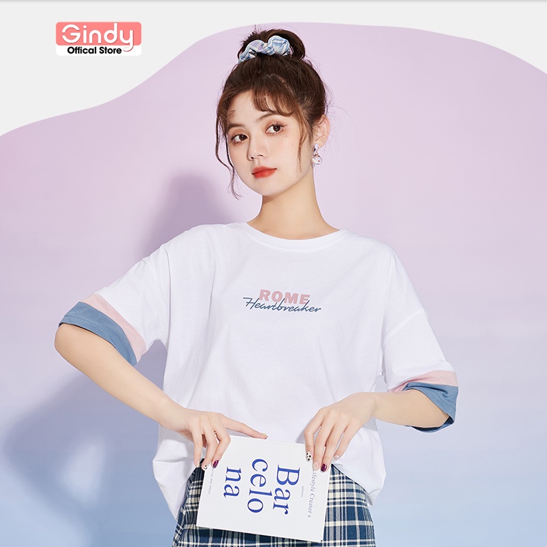 Áo thun in hình nữ GINDY tay lỡ ROME unisex basic cổ tròn vải cotton thoáng mát phong cách Hàn Quốc A013