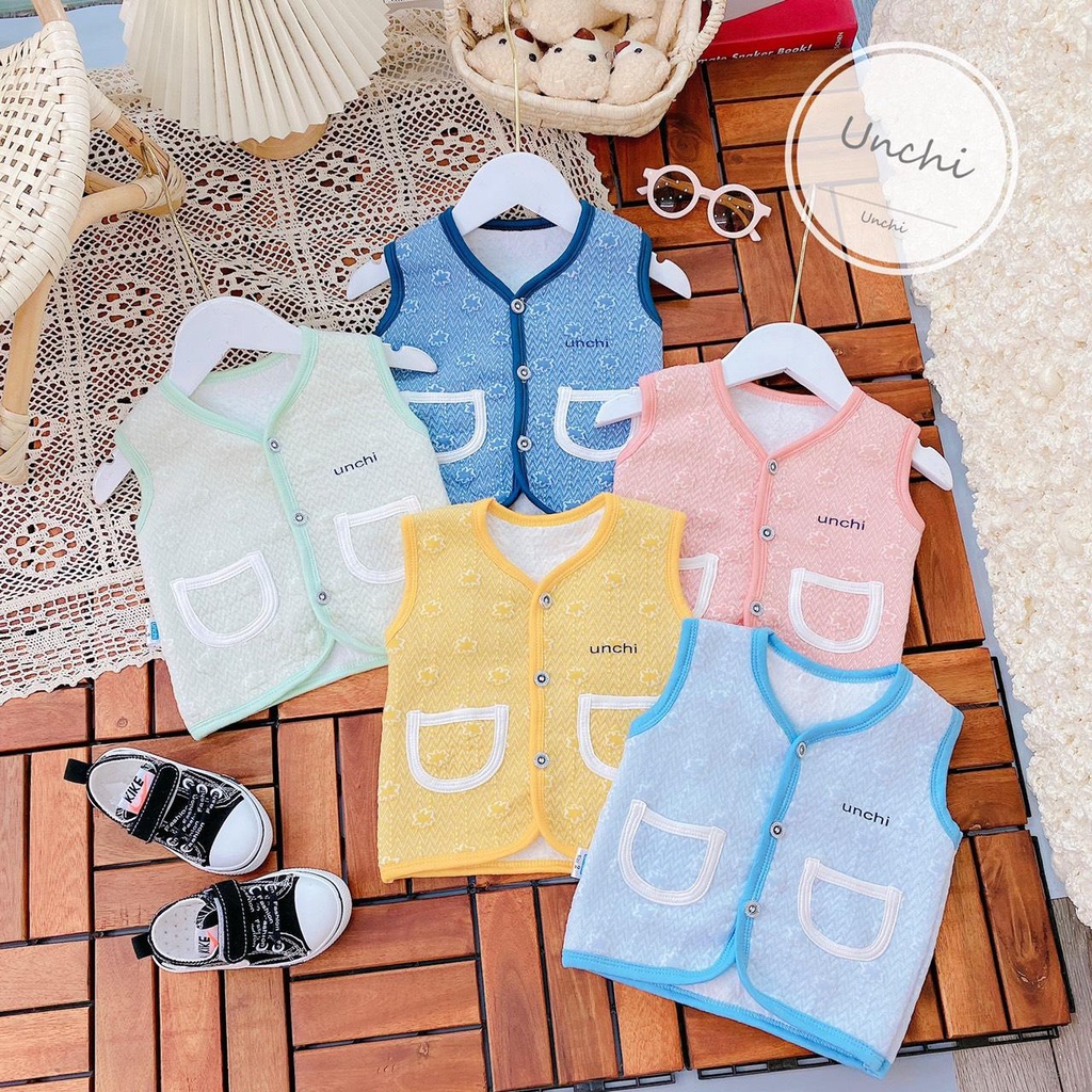 Áo gile xốp trần bông thu đông Unchi cài thẳng cho bé phối túi  (5-13kg)
