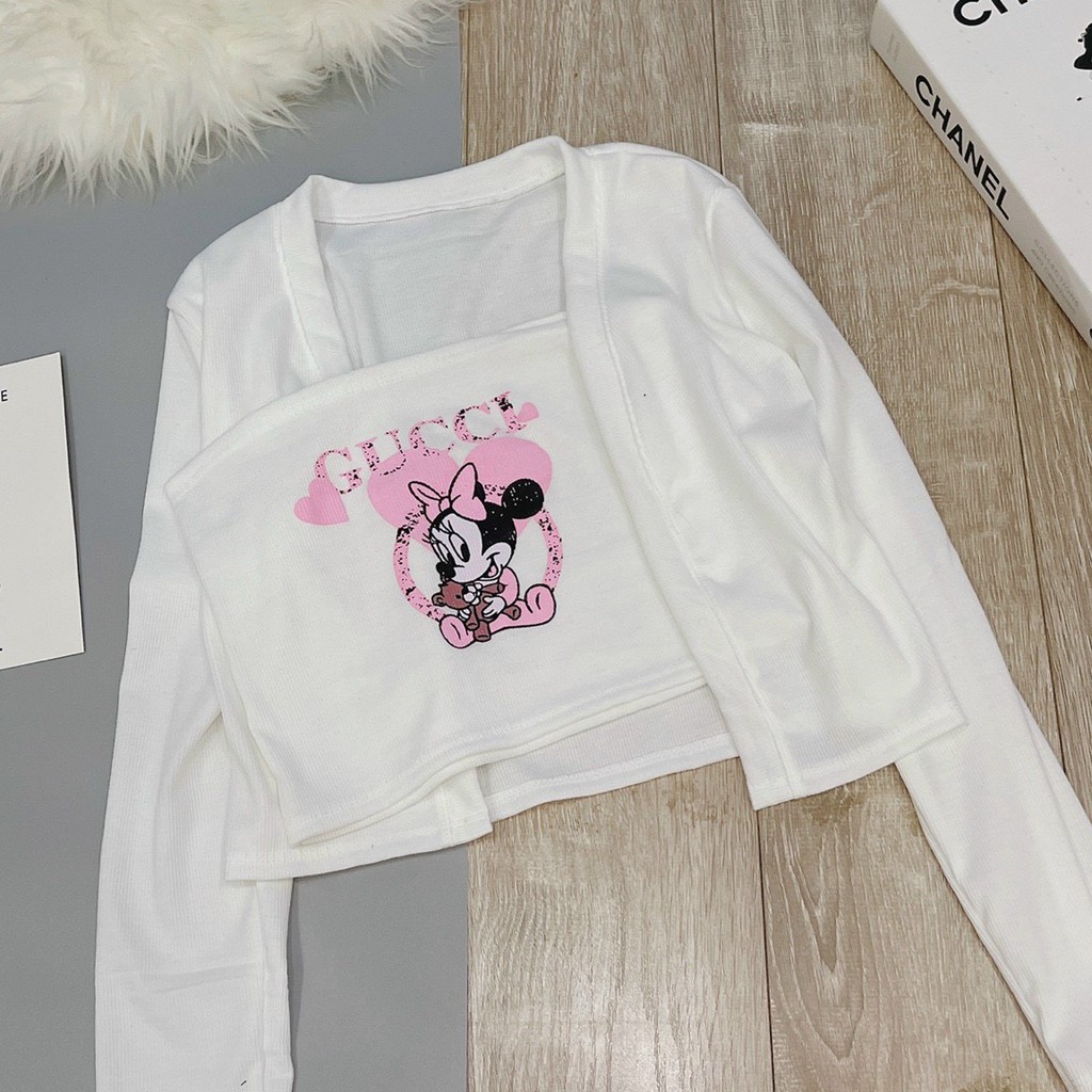 Áo ống hình chuột kèm áo khoác tay dài kimono trơn xinh thun gân chất đẹp N50