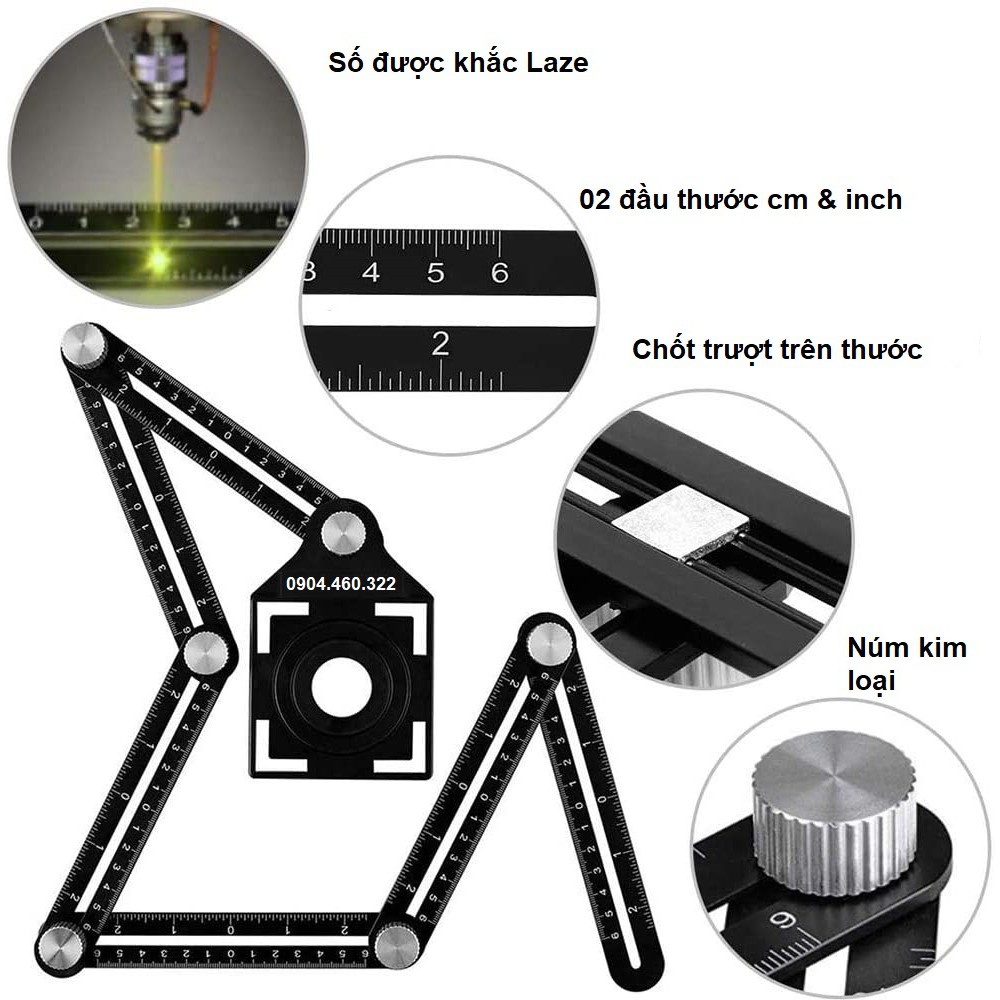 Thước Đo Đa Góc - Thước Đo 6 Góc Gấp Lỗ Định Vị Đa Năng Bằng Hợp Kim Nhôm