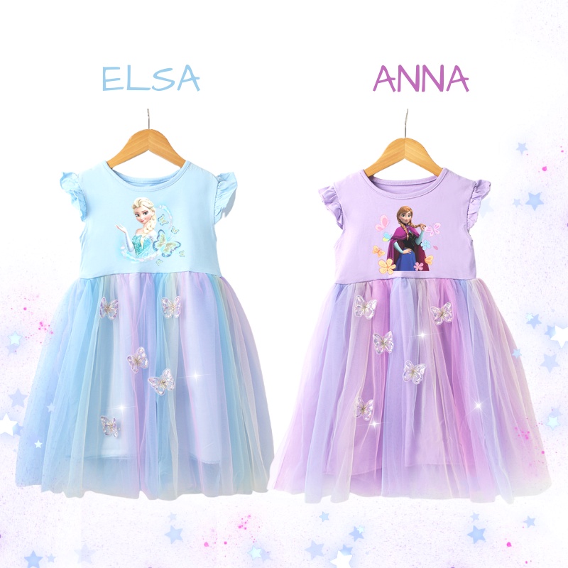Váy Tutu Lưới Tutu Công Chúa Elsa Và Anna Cầu Vồng Thêu Hình Bướm 3D Chất Lượng Cao Cho Bé Gái