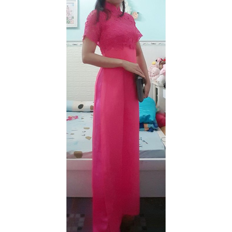Thanh lý bộ áo dài voan ren hồng eo dưới 70cm