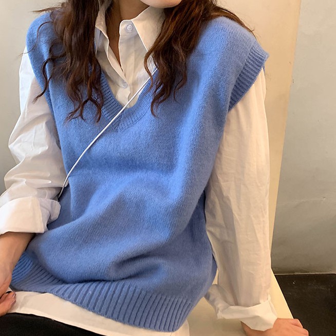 Áo len không tay cổ chữ V màu trơn xinh xắn 31130