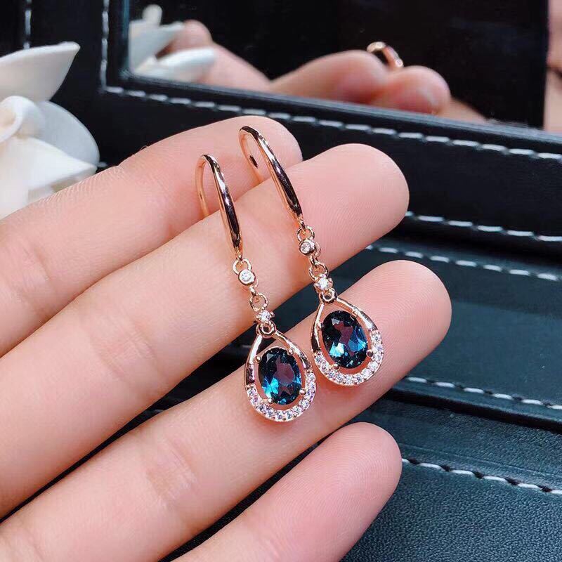 (Mới) Khuyên Tai Bạc Mặt Đá Topaz Xanh Tự Nhiên Chống Dị Ứng