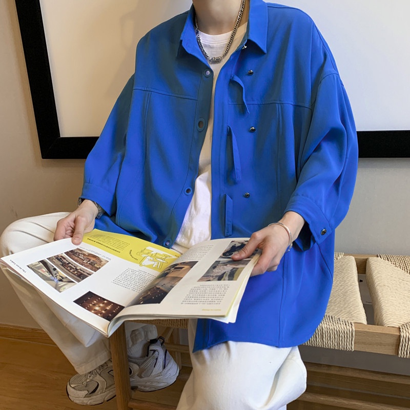 Giảm Giá Áo Sơ Mi Nam Cài Nút Tay Áo Ba Lỗ Dáng Rộng Màu Xanh Dương Phong Cách Hồng Kông Nhật Bản Thời Trang Mùa Xuân Hè