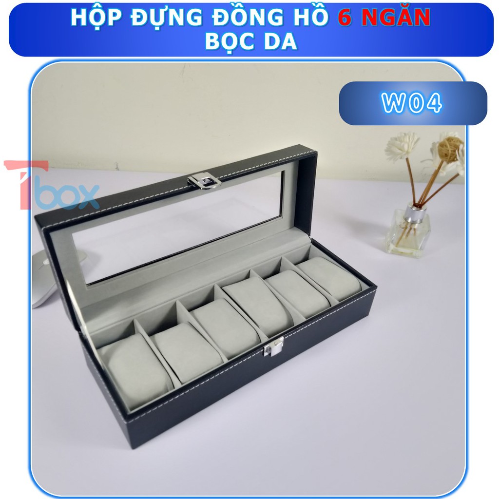 Hộp đựng đồng hồ 6 ngăn bằng da mặt trên kính để trưng bày đồng hồ