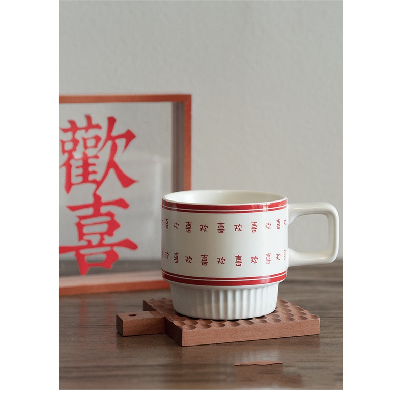 Cốc ly sứ họa tiết Song Hỉ, Hoan Hỉ dung tích 320ml ý nghĩa quà tặng kỉ niệm, lễ tình nhân, đám cưới, dùng hàng ngày