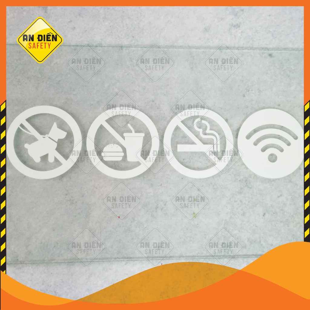 Bộ 4 Sticker bằng Decal dán Biển Báo No Smoking, Free Wifi, ...In UV màu trắng, biển báo An Điền Safety