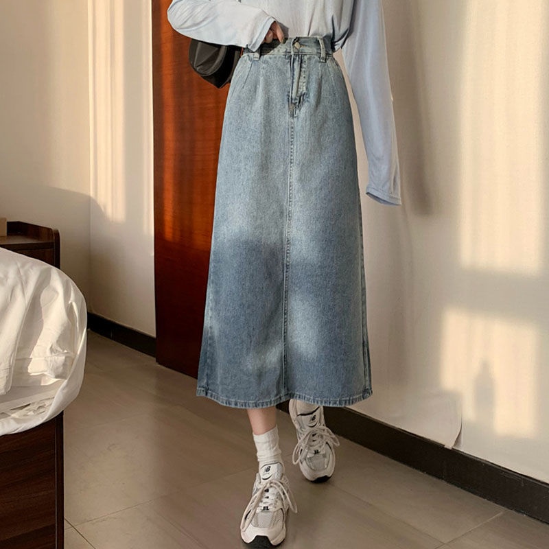 COZOK Chân váy jean Lưng Cao Phong Cách Hàn Quốc