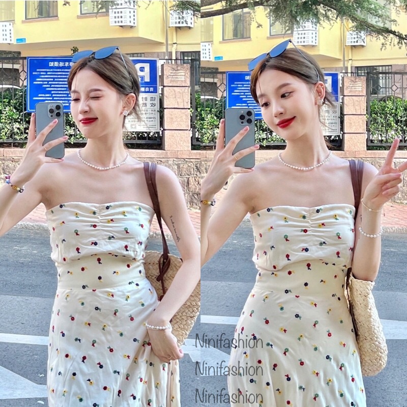 / ORDER kèm ảnh thật / Đầm cúp ngực hoạ tiết váy xoè dài phong cách Hàn Quốc