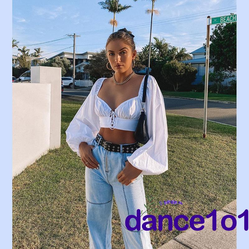 NEW Áo Kiểu Tay Dài Cổ Vuông Phối Ren Xinh Xắn Cho Nữ Mùa Hè