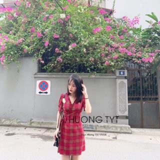 Váy Kẻ Vạt chéo đính hoa
