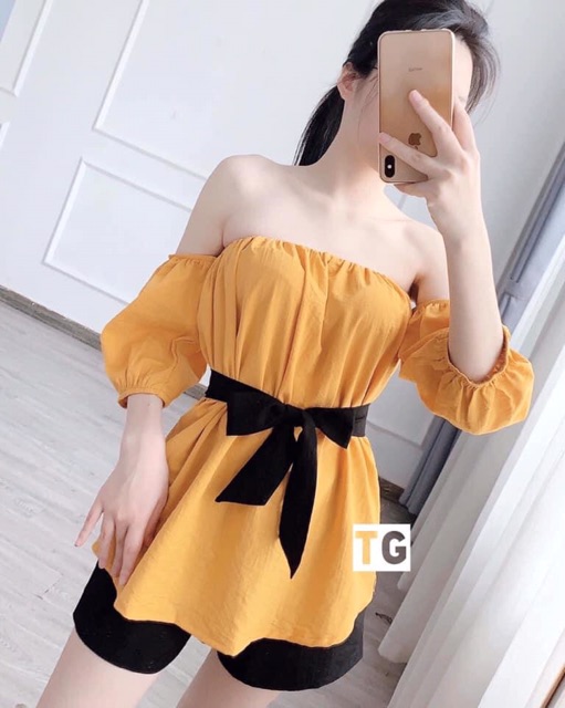 SET ÁO TRỄ VAI KÈM TAY BỒNG QUẦN SHORT KÈM ĐAI CỰC XINH