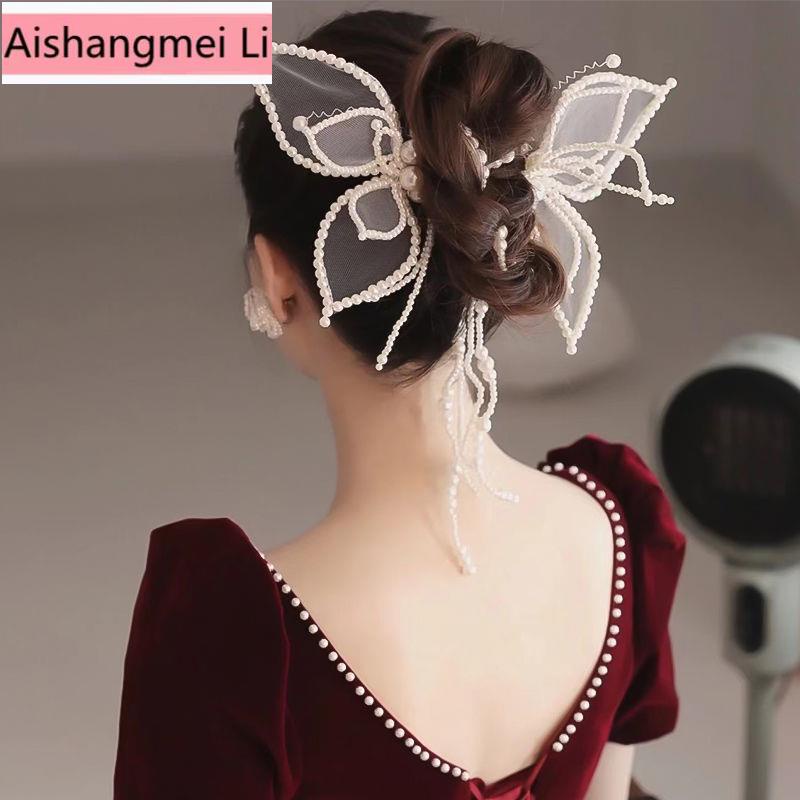 Trâm Cài Tóc Hình Nơ Đính Ngọc Trai Thủ Công Cho Cô Dâu