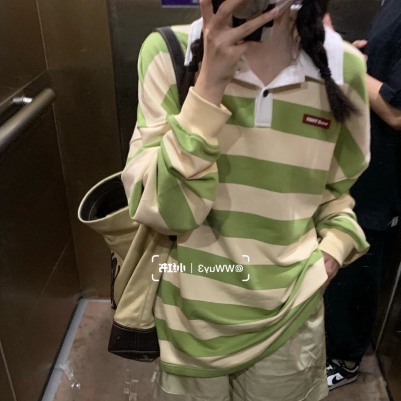 Áo Sweater Kẻ Sọc Form Rộng Cổ Polo Phong Cách Hàn Quốc S-2XL