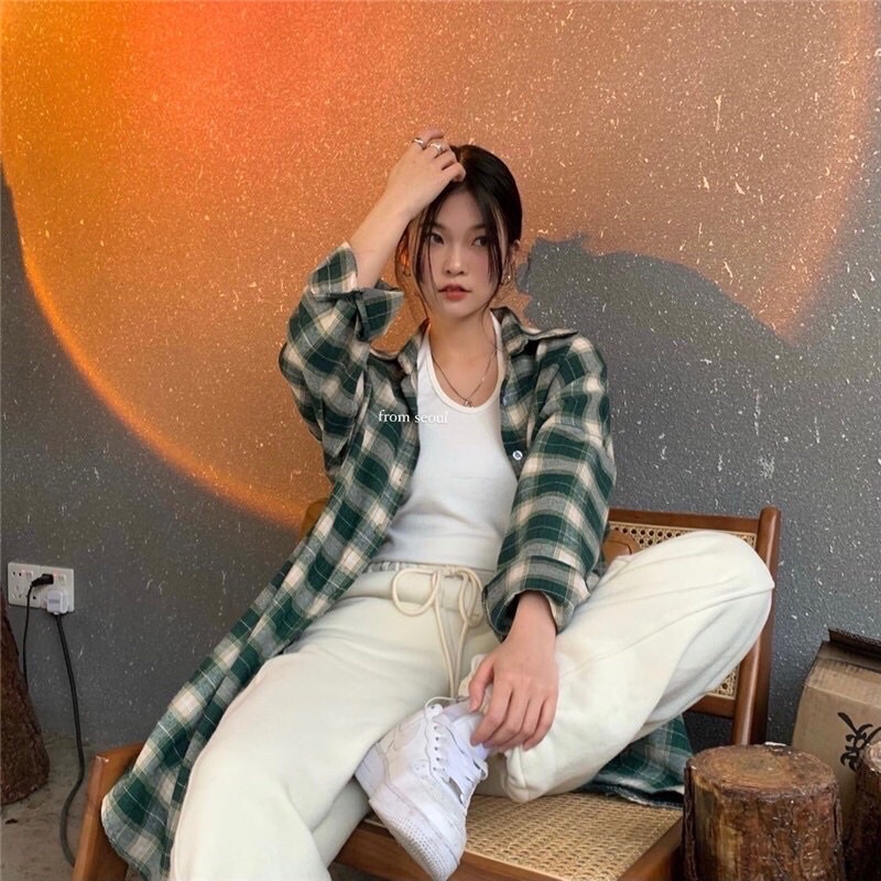 *kèm ảnh thật* Áo sơ mi flannel caro form suông dài rộng nam nữ đều mang được