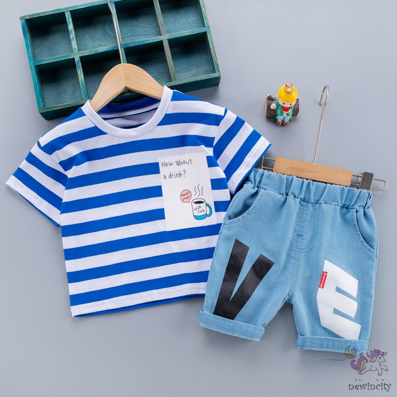 Bộ Áo Thun Kẻ Sọc + Quần Short Jean Cho Bé Trai