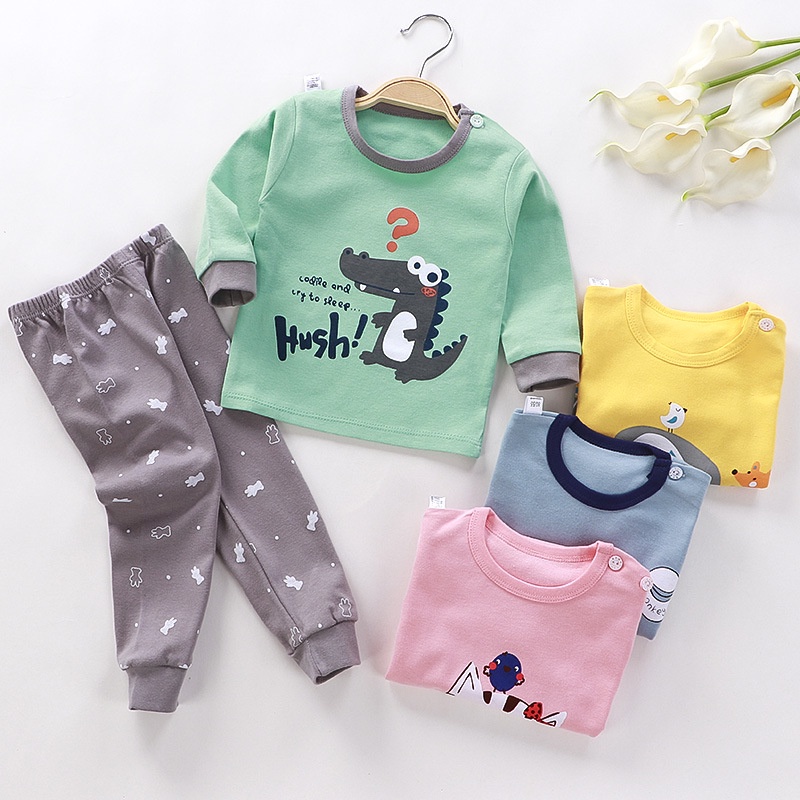Bộ đồ ngủ tay dài chất liệu cotton in họa tiết hoạt hình phong cách Hàn Quốc thời trang thu đông cho bé 65-135CM