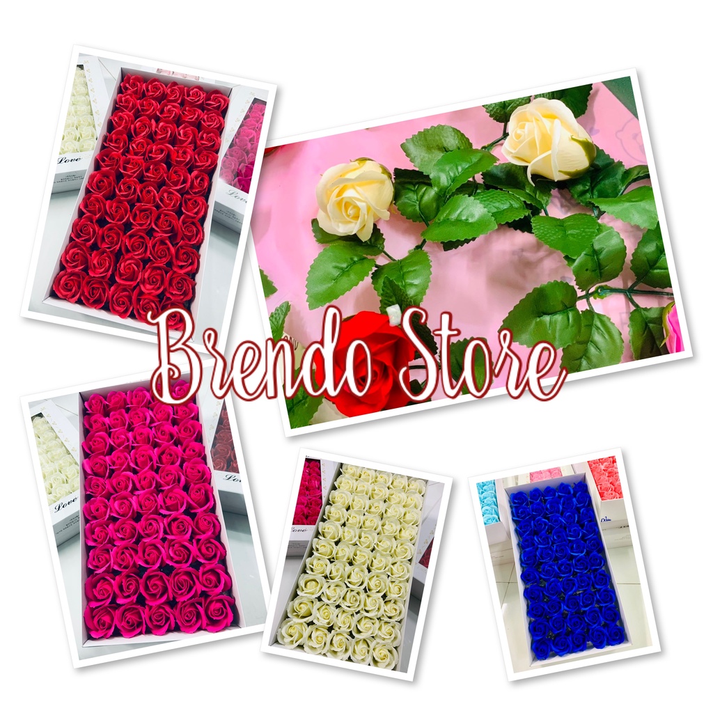Sỉ Hộp 50 bông Hoa sáp cỡ lớn 3 lớp, thơm đỏ hồng và phụ kiện làm quà tặng gắn hộp quà, ngày lễ - Brendo Store