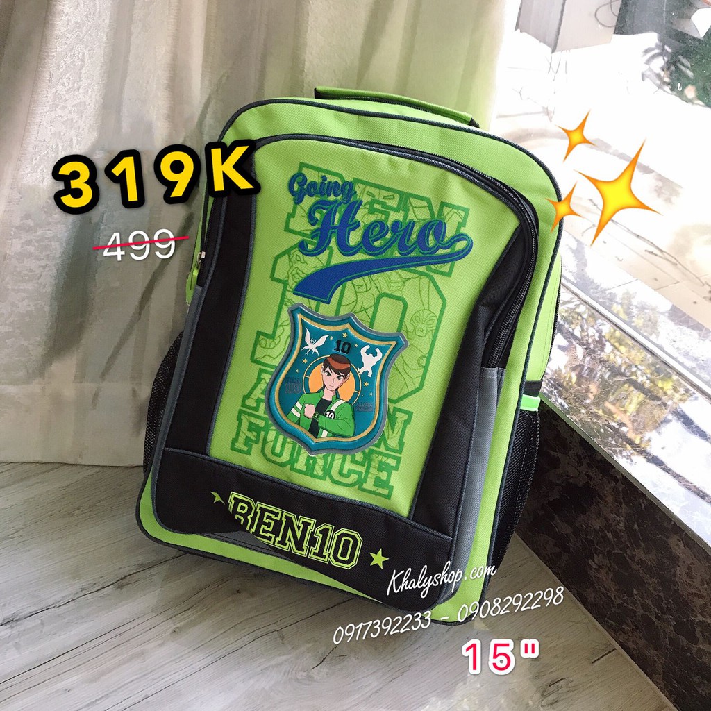 Balo, cặp táp 15&quot; 2 ngăn hình Ben mười màu xanh lá cho học sinh bé trai (Thái Lan) - 520BTB222432 (33x18.5x40cm)