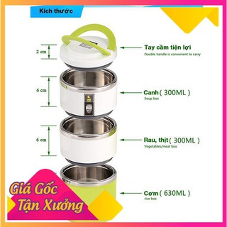 Hộp cơm 3 tầng chấm bi ruột inox - Camen đựng cơm văn phòng - Hộp bảo quản thức ăn