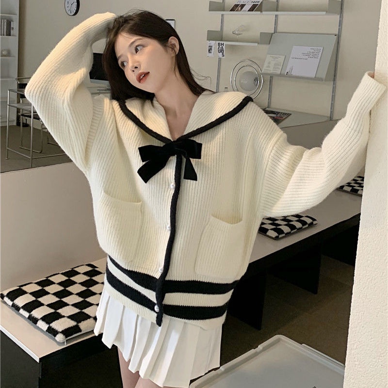Áo Khoác Sweater Dệt Kim Dày Dặn Đính Nơ Thời Trang Thu Đông Hàn Quốc Mới