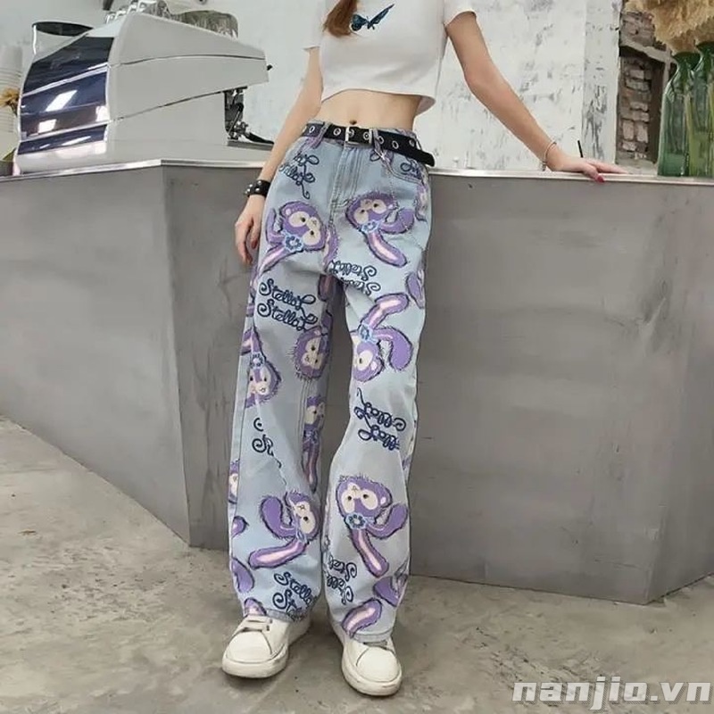 Quần jean lưng cao ống suông rộng in họa tiết hoạt hình cá tính | BigBuy360 - bigbuy360.vn