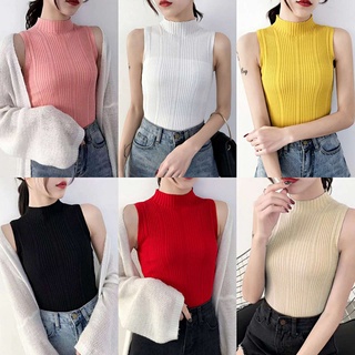 Áo dệt kim sát nách cổ lọ dáng ôm thời trang retro cho nữ