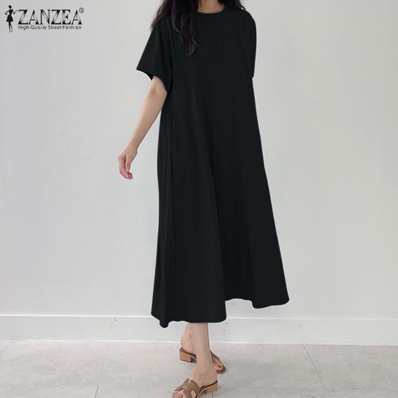 Đầm ZANZEA dài tay ngắn cổ tròn màu trơn thời trang đường phố cho nữ