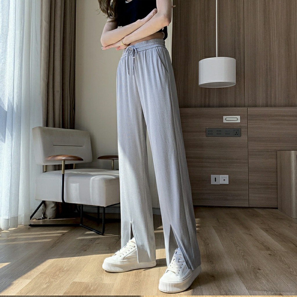 Quần ống suông xẻ gấu trước cạp cao tôn dáng 4 màu - Quần thun ống rộng lưng cao xẻ tà ống vẩy cá đính điệu  hẹn hò 108