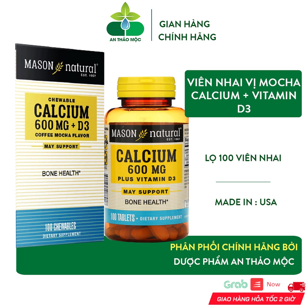 Viên Nhai Bổ Sung Canxi Mason Natural Calcium 600mg + D3 Giúp Xương Răng Chắc Khỏe.Lọ 100 Viên