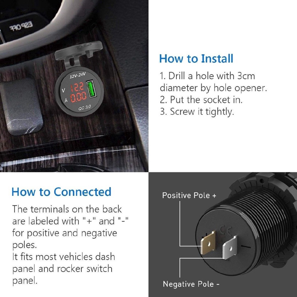 Tẩu sạc USB QC3.0 chuyển đổi nguồn điện màn hình LCD LED cho xe hơi