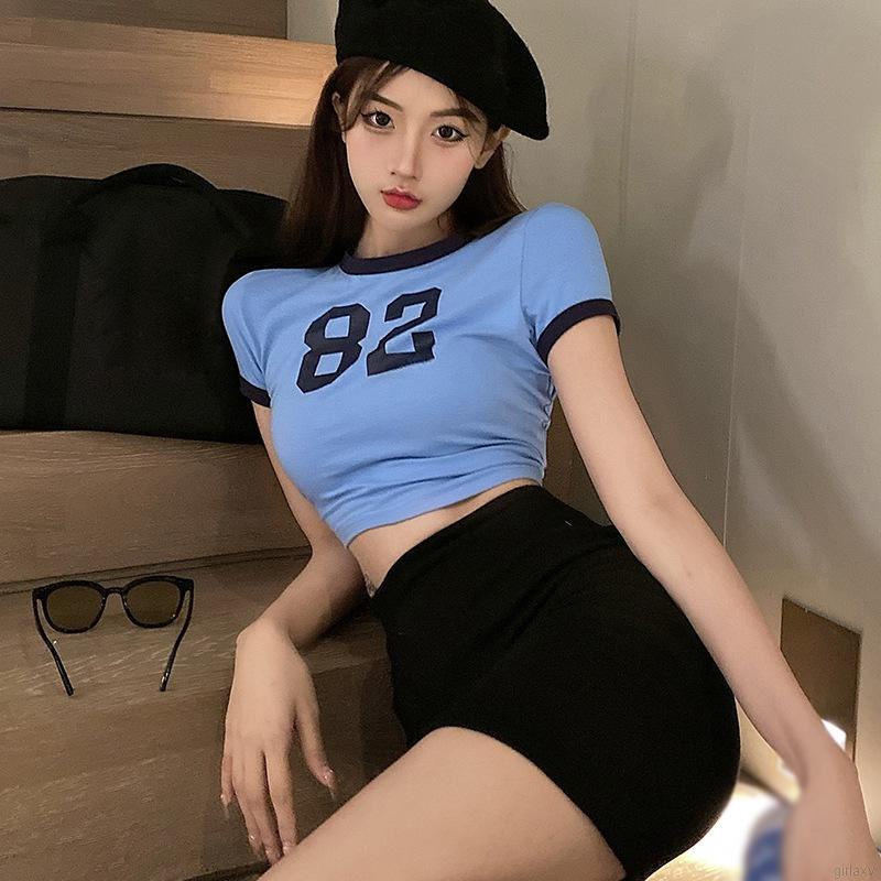 Set Áo Croptop In Họa Tiết + Chân Váy Lưng Cao Phong Cách Thể Thao Hàn Quốc