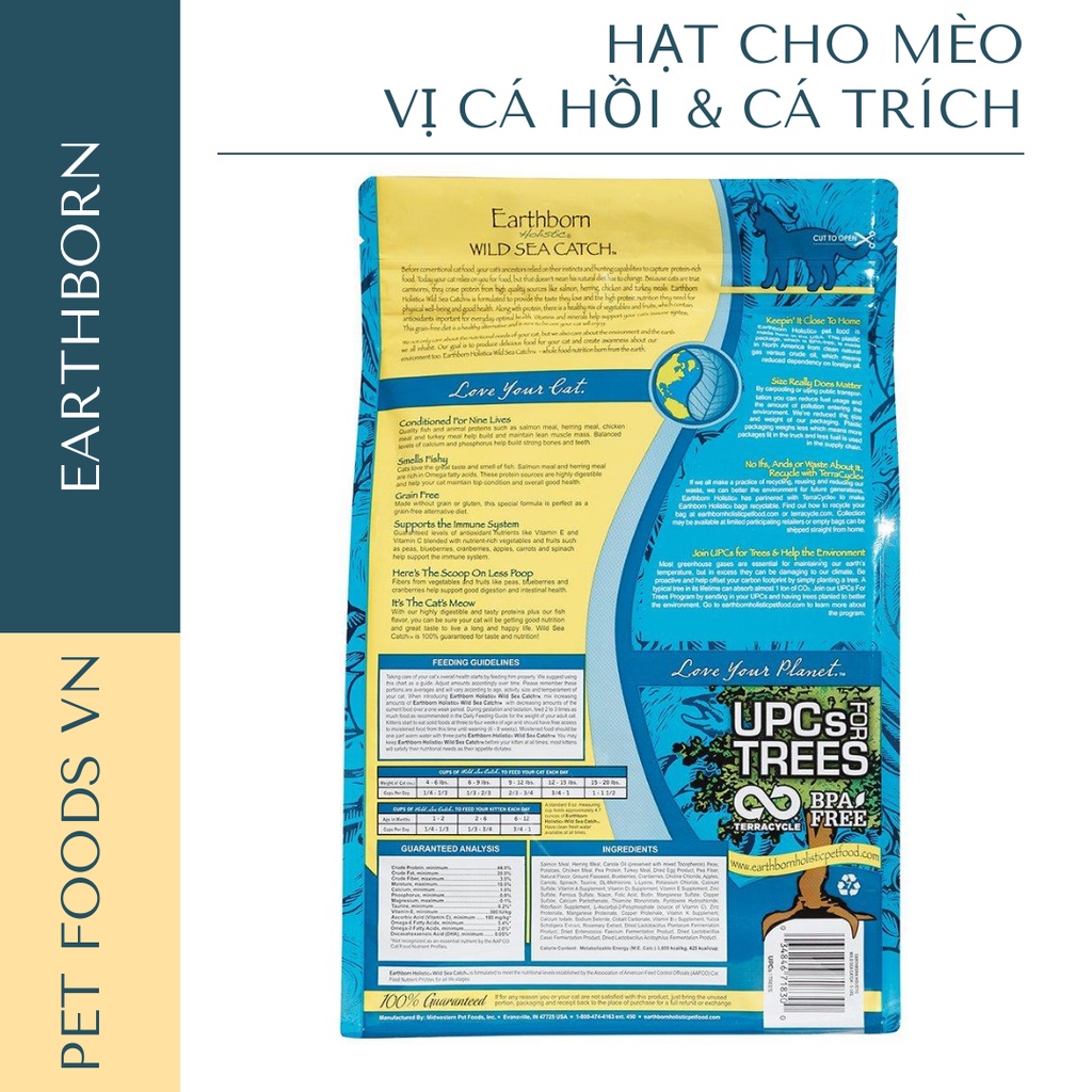 Hạt cho mèo EARTHBORN Wild Sea Catch 2kg vị Cá Hồi &amp; Cá Trích