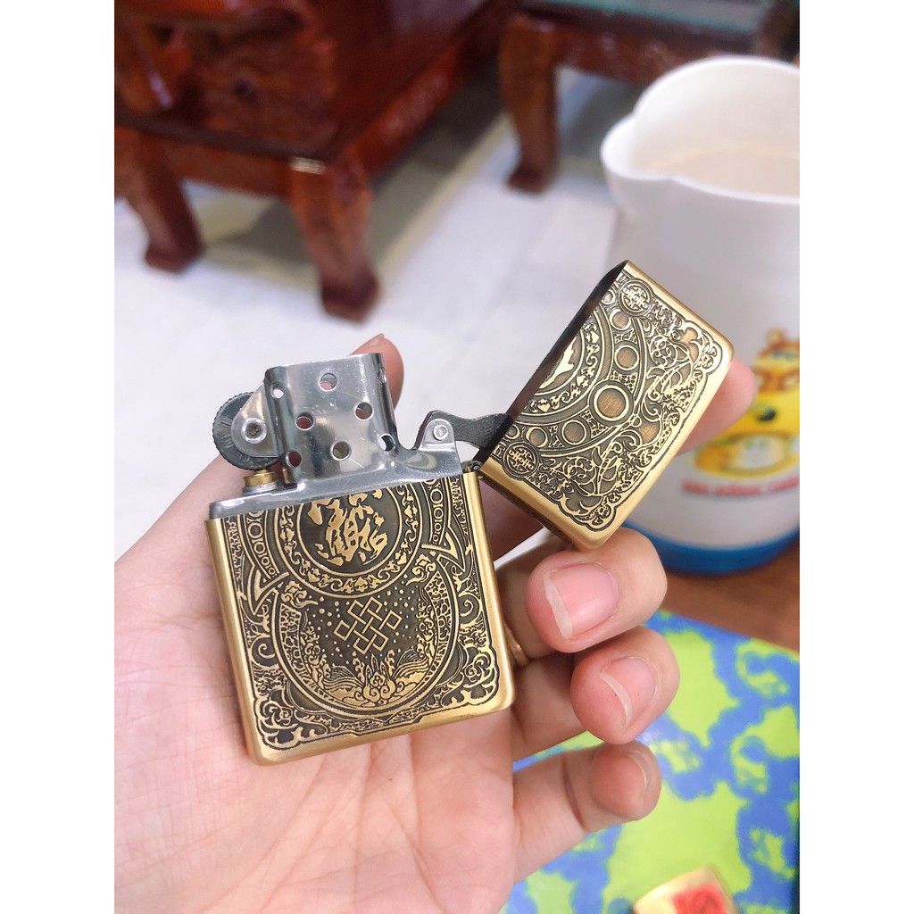 VỎ Bật Lửa Zippo Tỳ Hưu Khắc Chìm 5 Mặt- Vỏ Đồng - Tem đỏ - hộp quẹt zippo