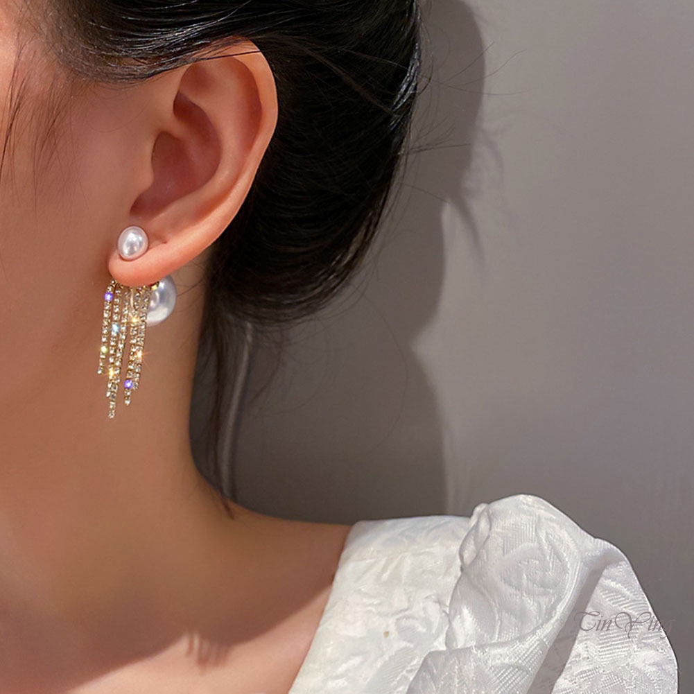 GETNOIVAS Bông Tai Mạ Bạc 925 Đính Đá Phối Tua Rua 2 Chiều Chống Dị Ứng Hợp Thời Trang