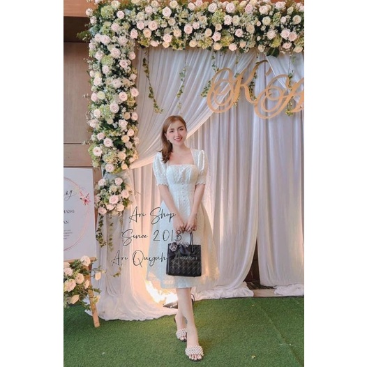 Đầm xòe tay phồng cổ lục giác