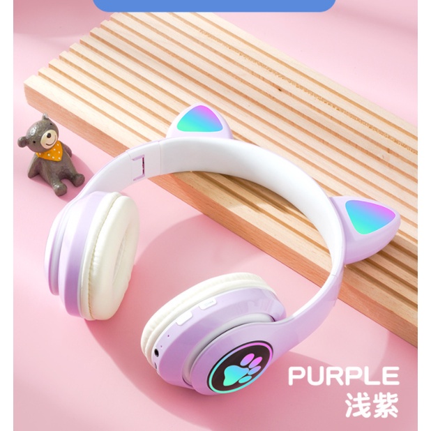 Tai nghe chụp tai Bluetooth tai mèo dễ thương B39 ,STN 28 có đèn 7 màu đàm thoại và khe cắm thẻ nhớ