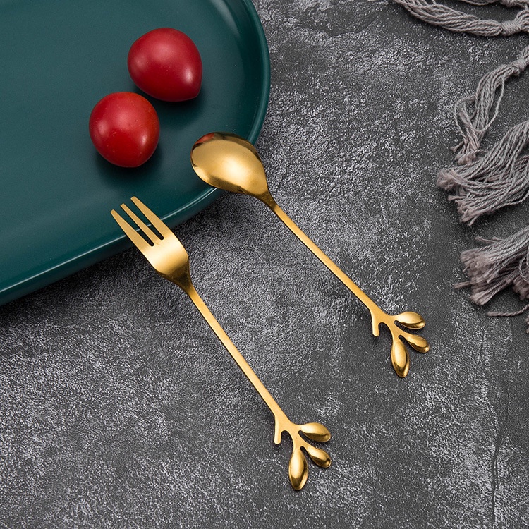 Thìa muỗng dĩa mạ vàng phong cách Vintage thời thượng hoàng kim hợp kim tạo hình 3 lá