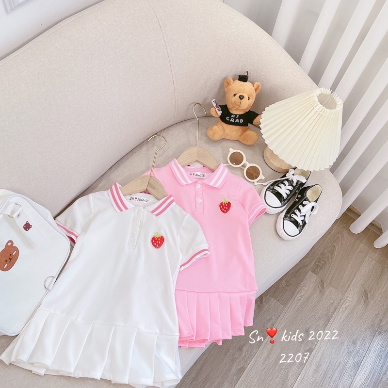 (9-30kg) Váy Xinh Thêu Dâu Vải Polo Cho Bé  Đi Học, Đầm Size Đại Cho Bé