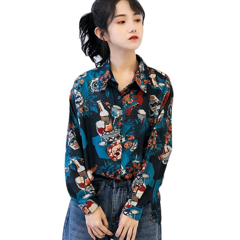 Áo Sơ Mi Tay Dài Dáng Rộng Họa Tiết In Phong Cách Vintage | BigBuy360 - bigbuy360.vn