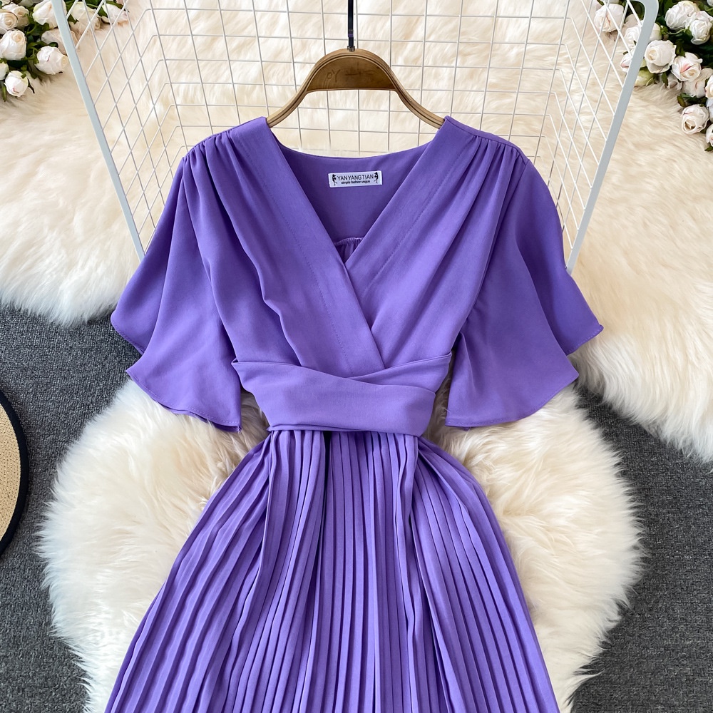 M242 - Đầm midi cổ V tay cánh tiên thắt nơ eo váy xếp ly sang trọng có bigsize