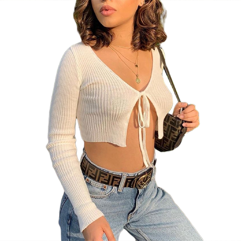 Áo dệt kim dài tay cổ V màu trơn dáng ngắn thời trang quyến rũ cho nữ