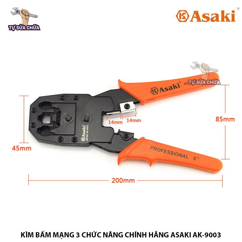 Kìm Kềm bấm cáp mạng 3 chức năng 8&quot;/200mm Asaki AK-9003, bấm đầu RJ45, RJ11, RJ22 hàng chính hãng loại xịn