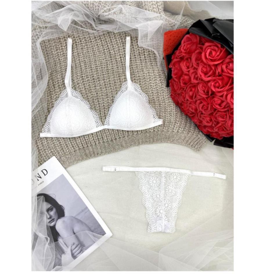 Bộ đồ lót ren trắng 👙FREESHIP 👙  Nguyên set gồm áo lót + quần lót dây cùng hoạ tiết ren gợi cảm, quyến rũ.