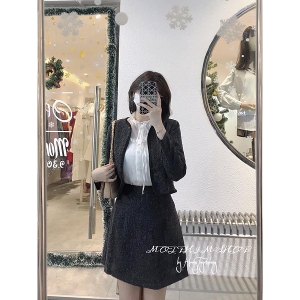 SET BỐ 3 MÓN DẠ: KHOAC DẠ + SƠ MI TRẮNG CỔ BÈO TAY LOE + CHÂN VÁY 🖤 | BigBuy360 - bigbuy360.vn