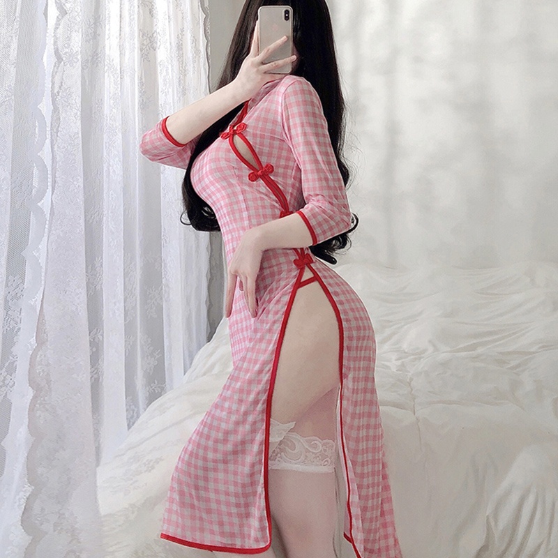 Đồ ngủ sườn xám caro dáng dài cao cấp kiểu dáng trung hoa 8197 VN163